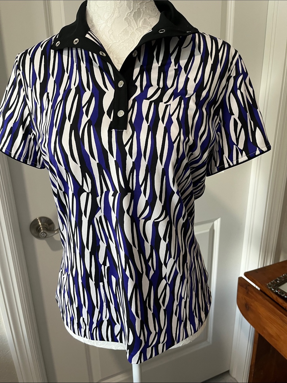 Tail Black, White & Purple Abstract Zebra-Print Short Sleeve Polo NWOT